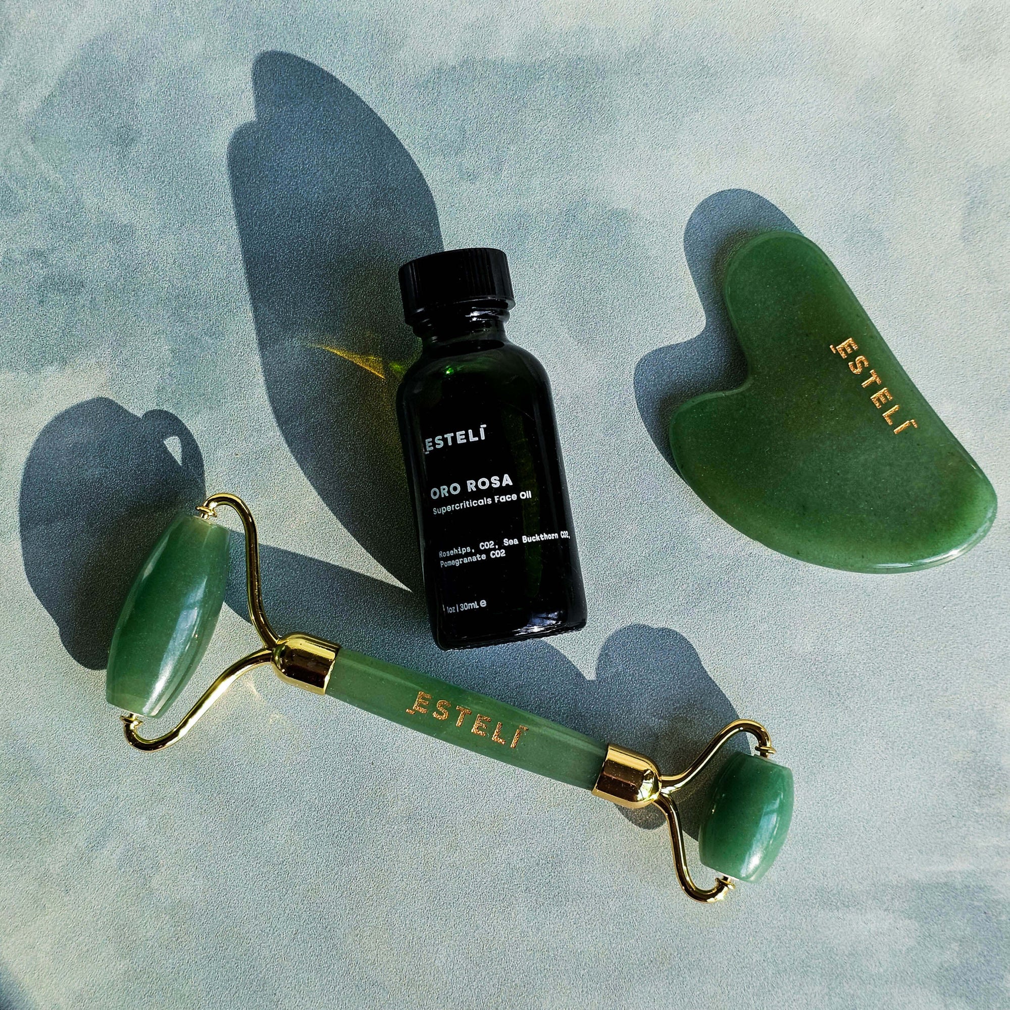 Esteli Body Aventurine + Oro Ritual Set with facial roller, gua sha, and Oro Rosa Face Oil