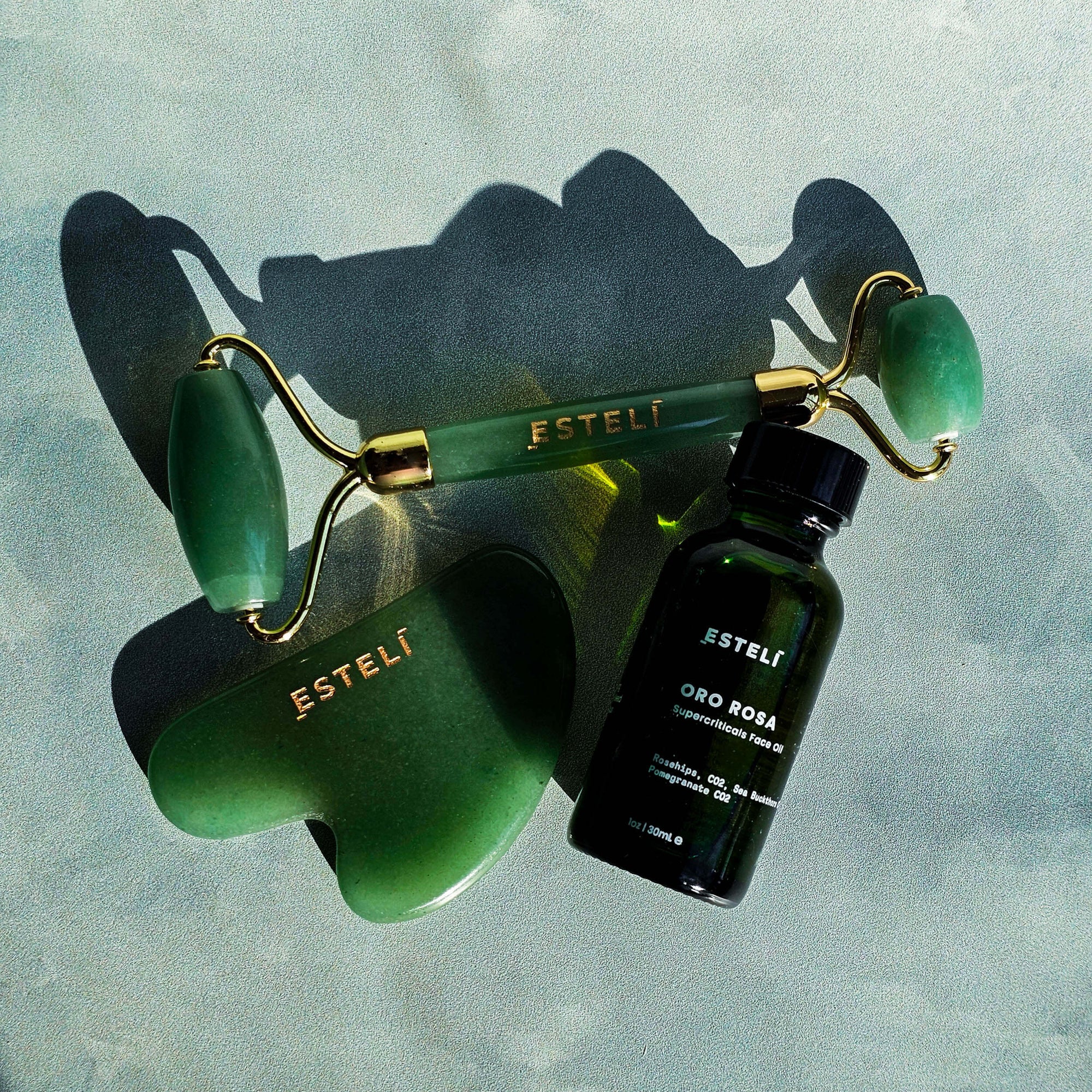 Esteli Body Aventurine + Oro Ritual Set with facial roller, gua sha, and Oro Rosa Face Oil