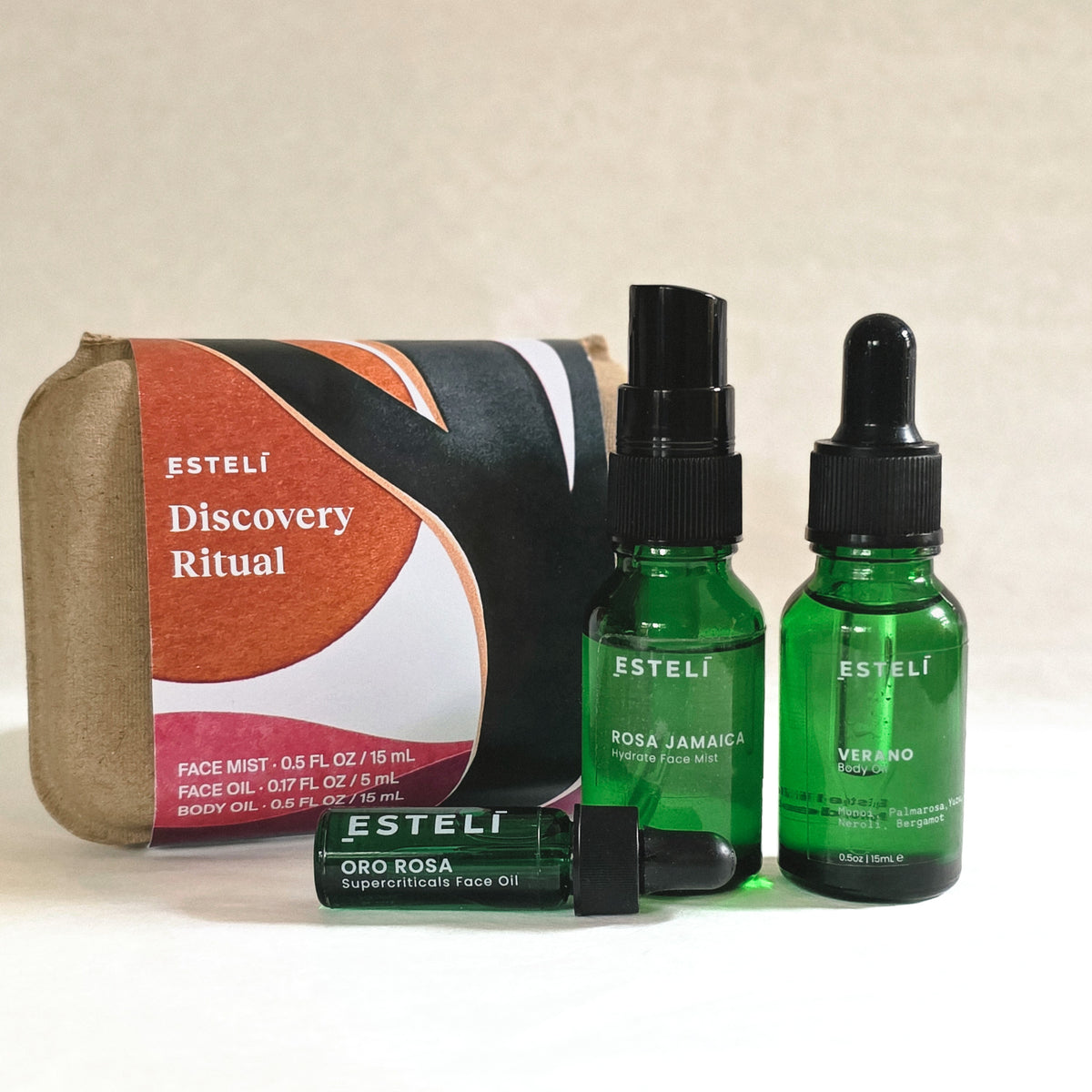 ESTELÍ Discovery Ritual packaging with three travel-size botanical skincare products