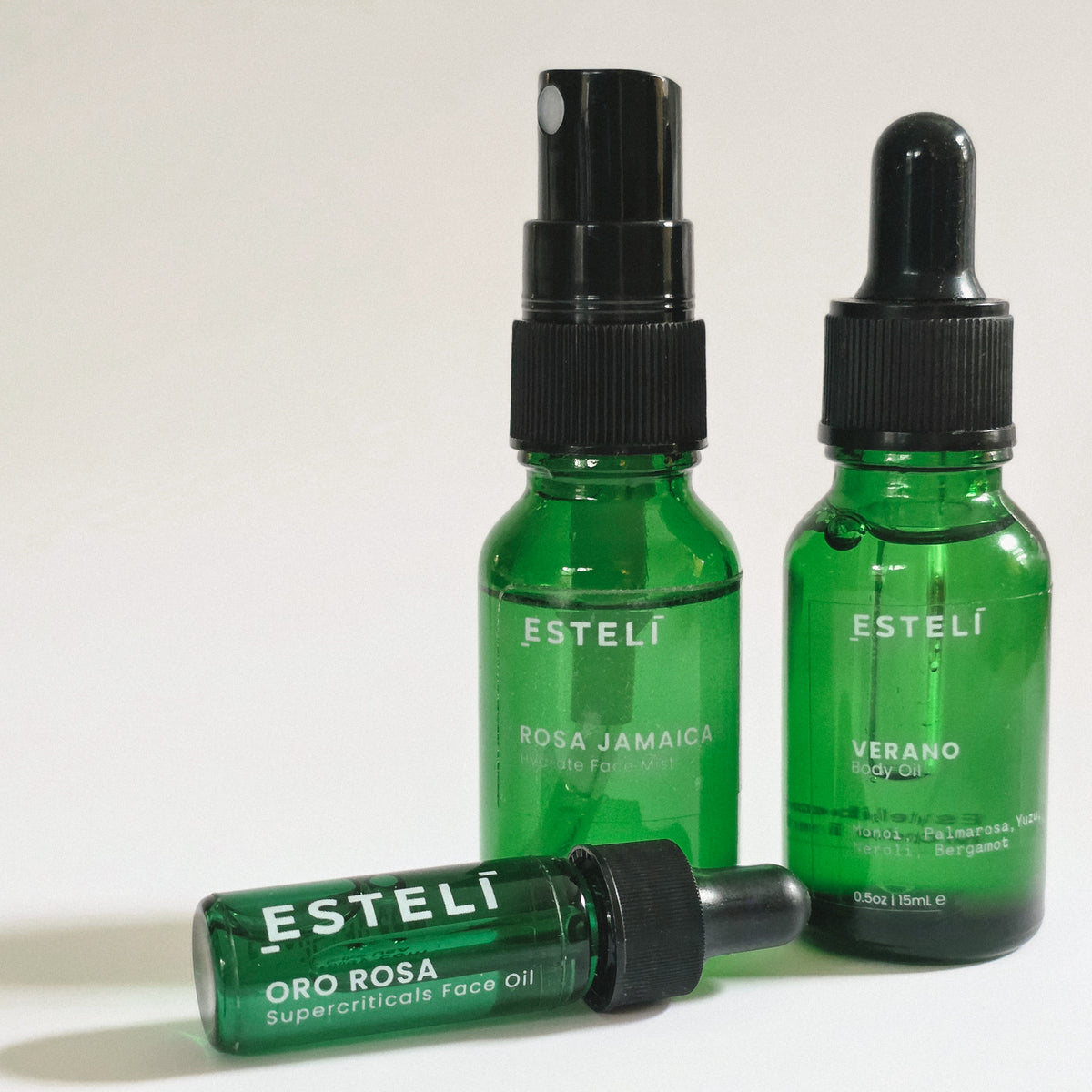 Rosa Jamaica face mist, Verano body oil, and Oro Rosa face oil from the ESTELÍ Discovery Ritual