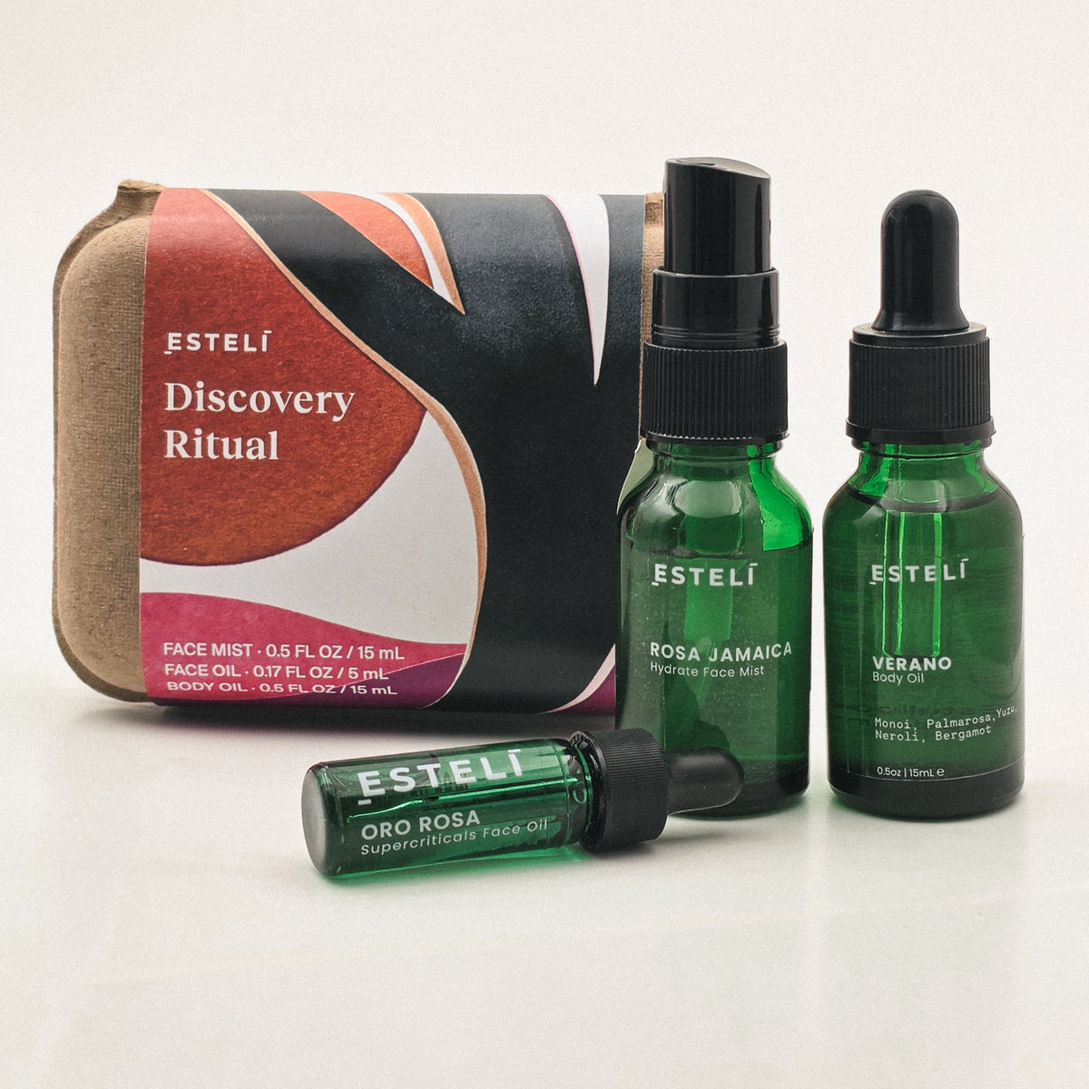 ESTELÍ Discovery Ritual packaging with three travel-size botanical skincare products