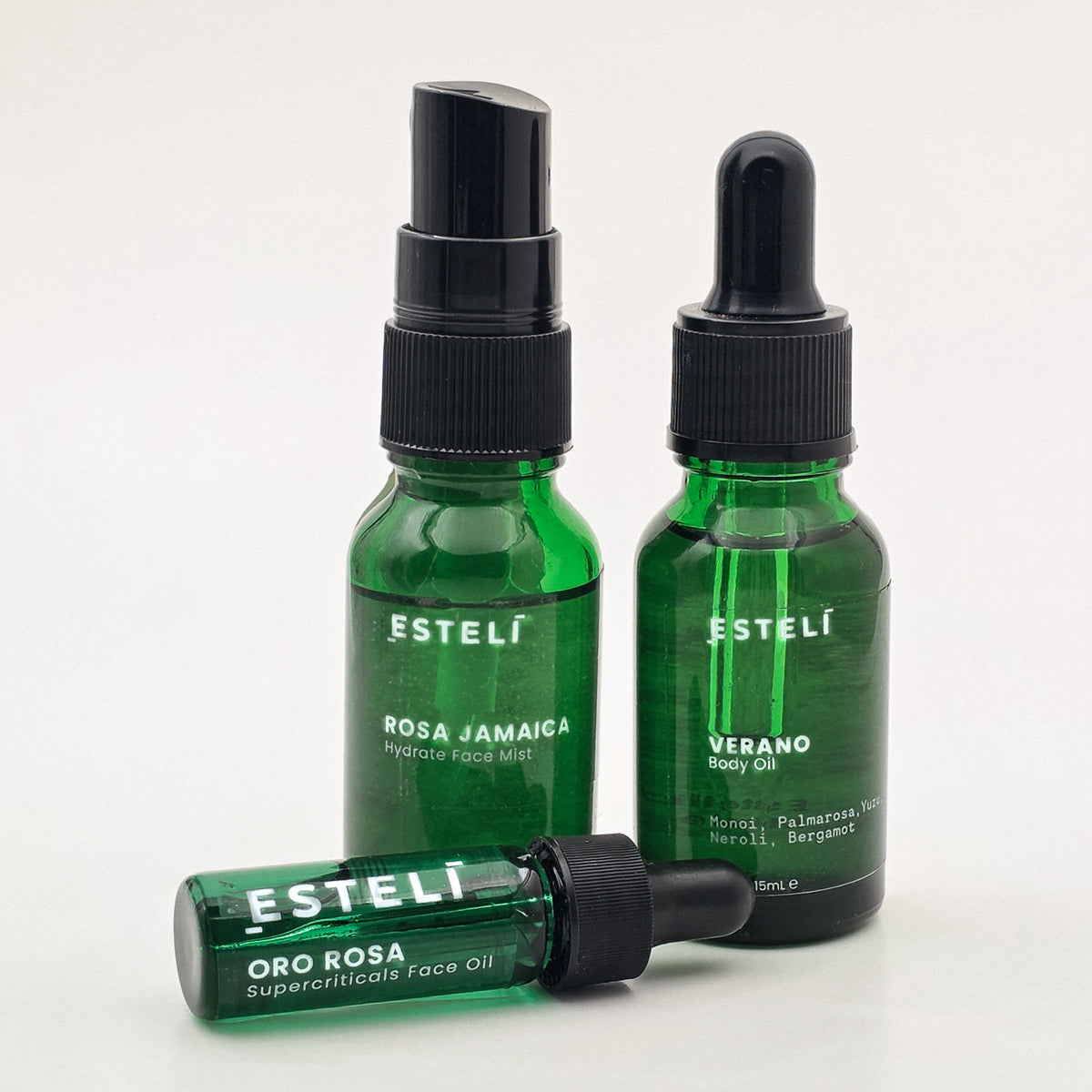 ESTELÍ Discovery Ritual with Rosa Jamaica face mist, Oro Rosa face oil, and Verano body oil