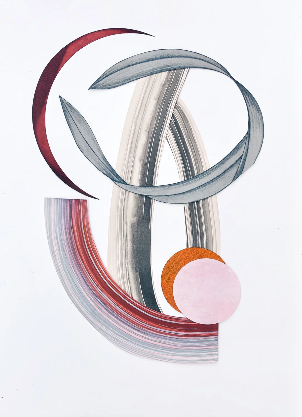 Abstract artwork by Eva Magill-Oliver selected for ESTELÍ Todo Bien, featuring blue-gray loops, burgundy brushstrokes, and overlapping pink and ochre circles.