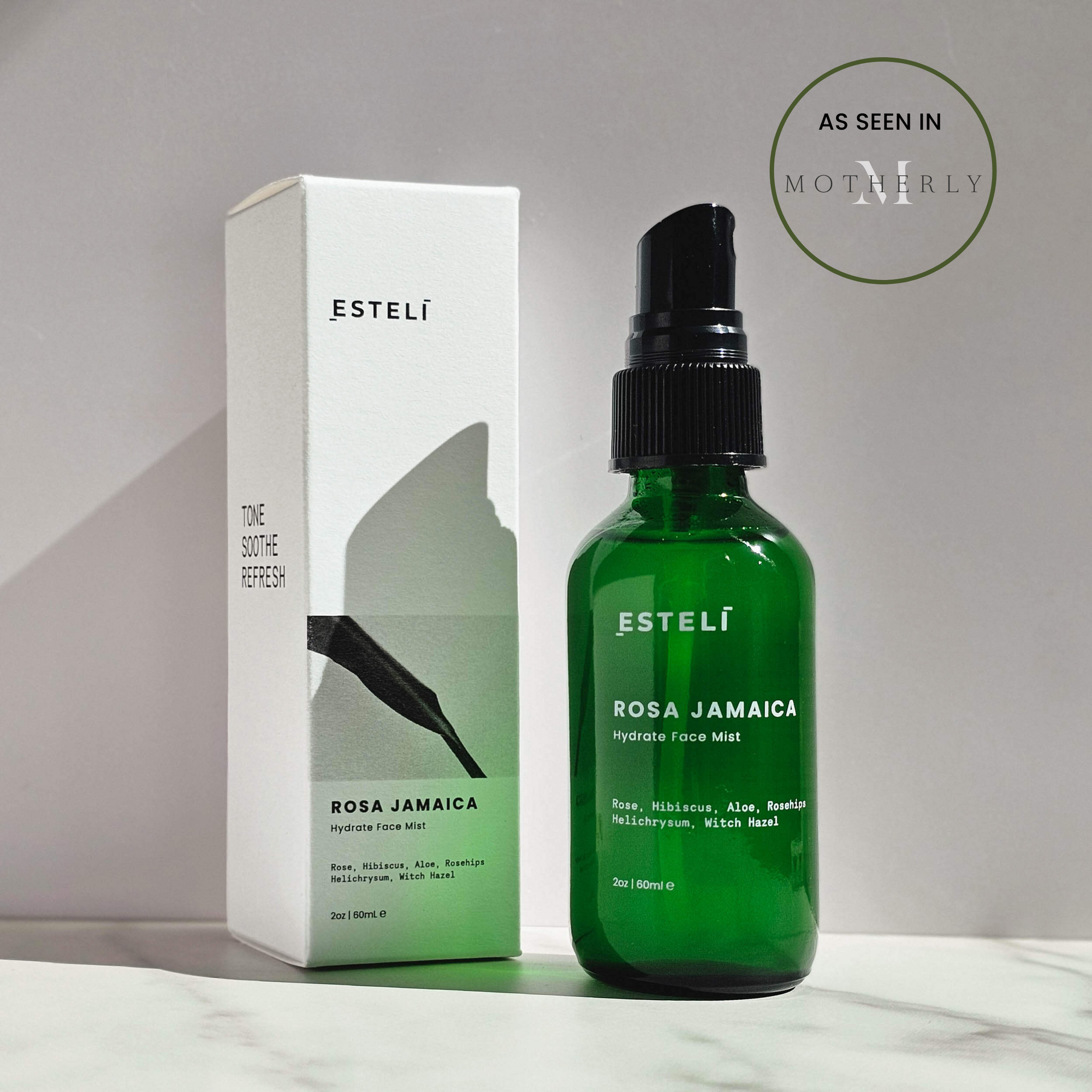 Esteli  Rosa Jamaica Hydrating Face Mist bottle in front of product box